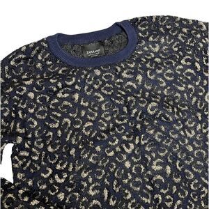 Zara Sweater Womens M Blue Fuzzy Leopard Hi Low Silver Animal Print‎ Party Knit